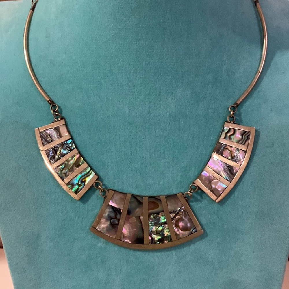 Vintage Alpaca Mexican silver abalone shell 3 panels choker necklace